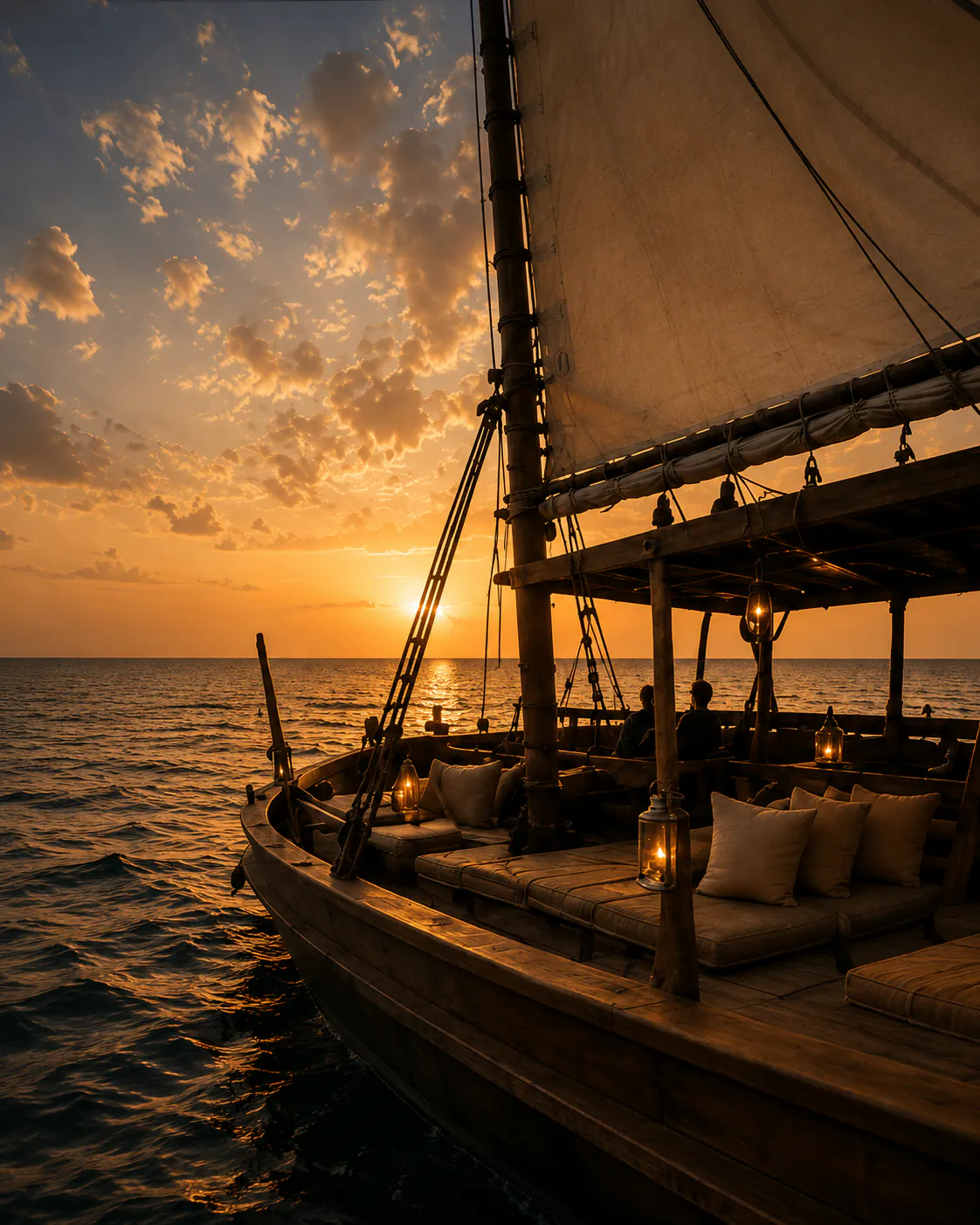 Patacon Cruise dhow deck at sunset with warm ocean light