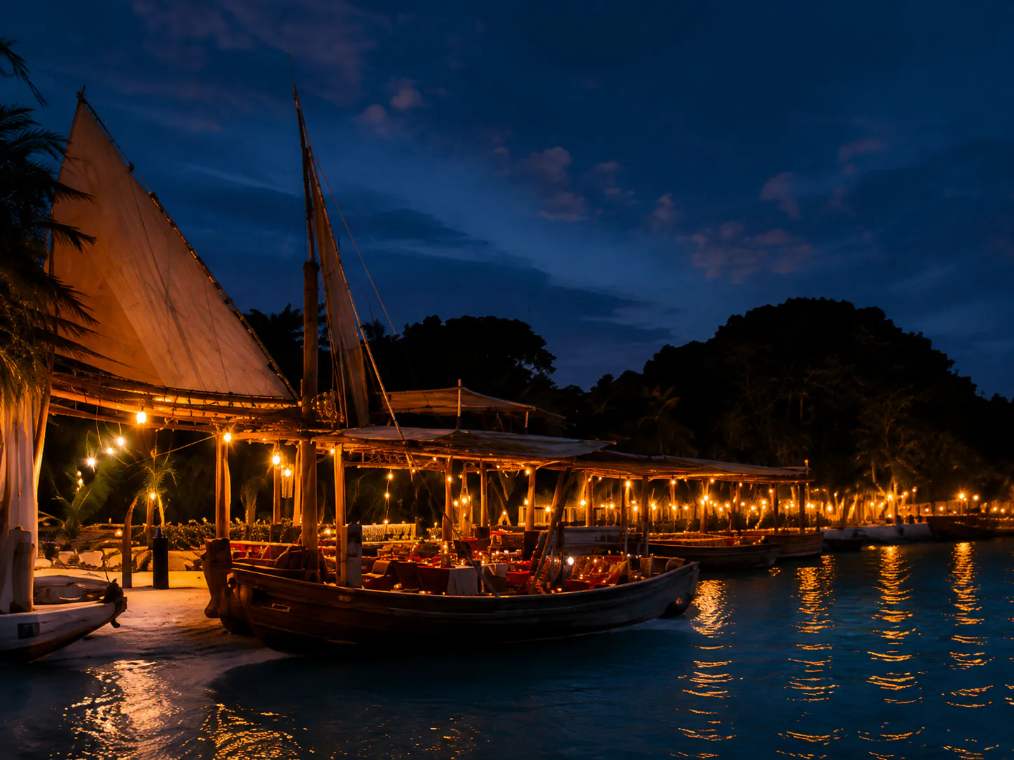 Evening dhow setup with warm lights on the water