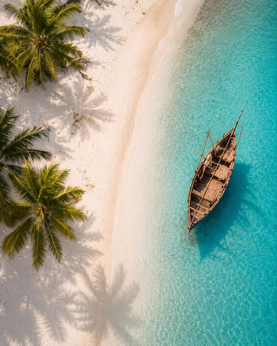 Dhow crossing bright turquoise water near a small island