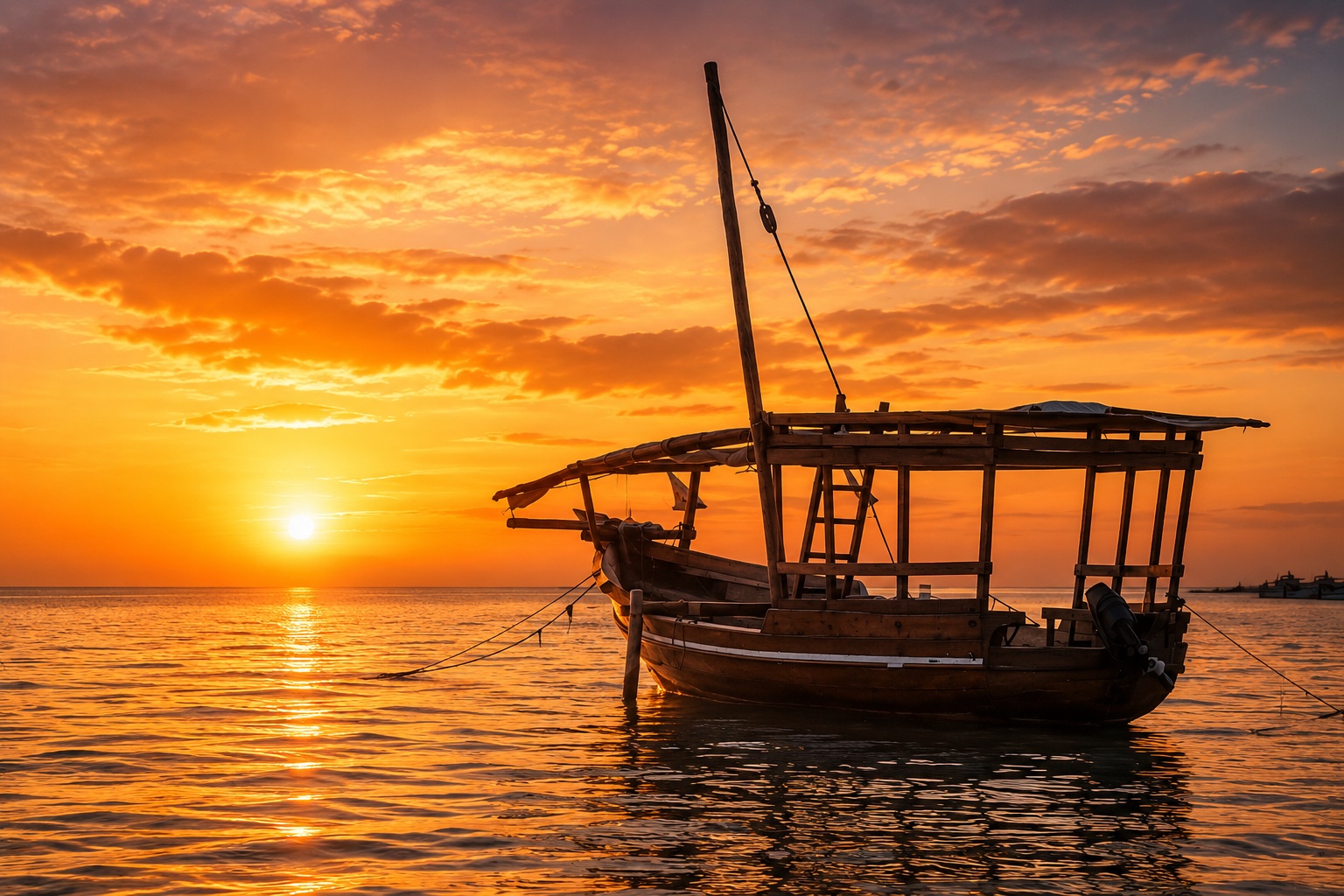 Sunset over the Zanzibar coast with a traditional dhow